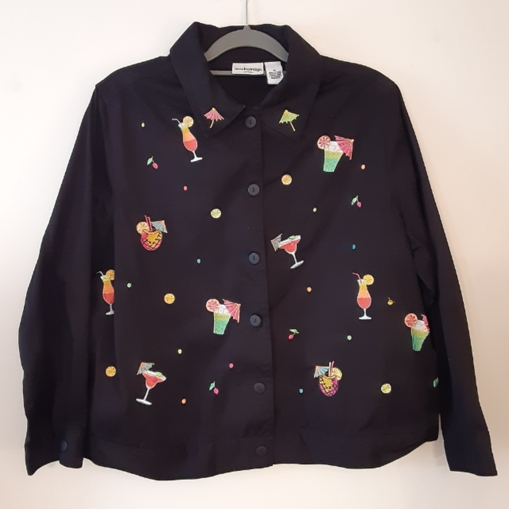 BRECKENRIDGE Black Embroidered Tropical Cocktail Cotton Button Jacket WMS Sz. 1X